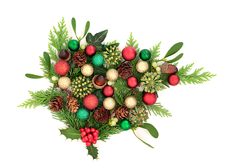 Image showing Christmas Winter Flora with Red Gold and Green Ball Decorations