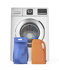 Image showing Liquid detergent bottle and washing powder bag in front of washi