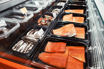 Image showing Fish and seafood stall in a market