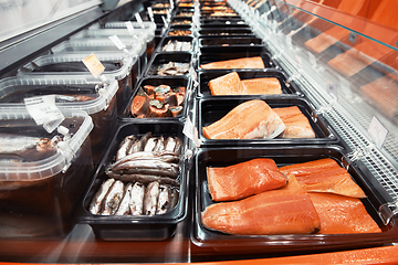 Image showing Fish and seafood stall in a market