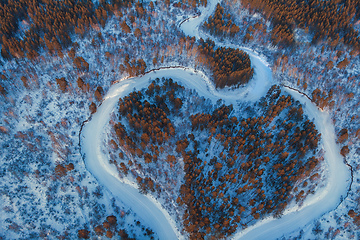 Image showing Aerial view of a heart shaped winter forest