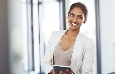 Image showing Tablet, accountant and portrait of happy woman in office for business, research app and internet email online. Face, technology and corporate auditor from India with pride for career, job and smile.