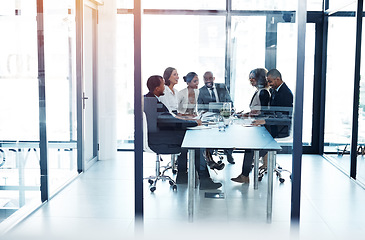 Image showing Teamwork, planning and meeting with business people in office for project management, review and brainstorming. Corporate, collaboration and strategy with group of employees in boardroom for idea