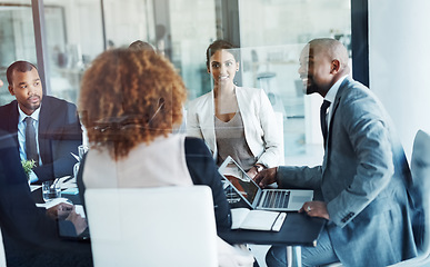 Image showing Business people, meeting and office for corporate group with smile, negotiation or agreement for budget proposal. Men, women and diversity with teamwork, financial strategy and planning in discussion