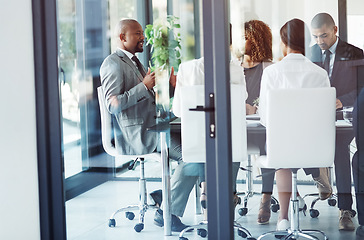 Image showing Business meeting, manager with planning for discussion in boardroom at company for feedback with success. Teamwork, leadership and discuss ideas with corporate employees or report or analysis.