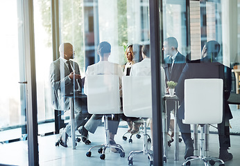 Image showing Collaboration, planning and meeting with business people in office for project management, review and brainstorming. Corporate, teamwork and strategy with group of employees in boardroom for idea