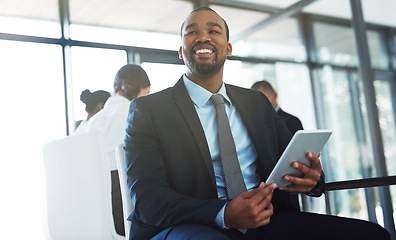 Image showing Accountant, tablet and thinking black man in office for business, research email or online app. Happy, technology and corporate African auditor with idea, planning or solution for problem solving.