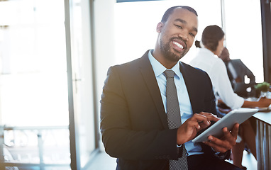 Image showing Accountant, portrait and black man with tablet in office for business, research or online browsing. Face, technology and smile of corporate African auditor, happy person or professional in company.