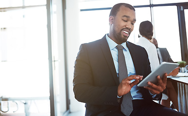 Image showing Tablet, accountant and black man in office for business, research or online browsing. Happy, digital technology or corporate African auditor, person or professional reading email, internet app or web