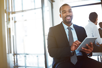 Image showing Tablet, lawyer and portrait of black man in office for business, research app or coworking. Face, technology and smile of corporate African attorney, happy person or professional sitting in company.