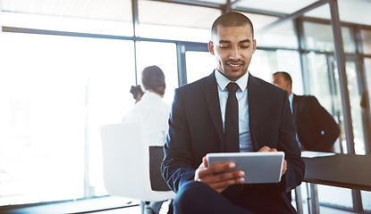 Image showing Attorney, tablet and man in office for business, online research or coworking. Happy, digital technology and corporate lawyer reading email, internet app or typing to scroll on website for networking