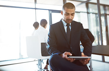 Image showing Tablet, accountant and man in office for business, online research or coworking. Serious, digital technology and corporate auditor reading email, internet app or typing to scroll on website mockup.