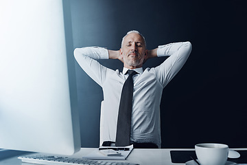 Image showing Senior business man, pride and relax in office for satisfaction, achievement or target at finance company. Mature ceo, relief or rest at desk with hands behind head, eyes closed or peace in workplace