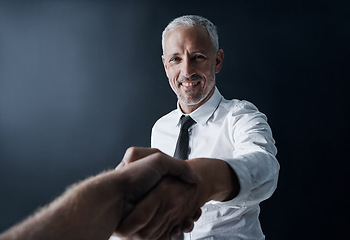 Image showing Senior business man, shaking hands and portrait with smile for welcome, respect and onboarding at office. Elderly ceo, human resources manager or kindness for hiring, interview and b2b partnership