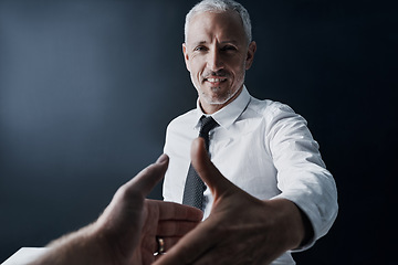 Image showing Senior business man, handshake and portrait with smile for welcome, respect or onboarding at office. Ceo, human resources manager or kindness for hiring, opportunity or b2b partnership for contract