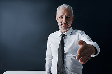 Image showing Senior business man, open handshake and portrait with smile for welcome, respect or onboarding at workplace. Ceo, human resources manager and kindness for hiring, opportunity or partnership in office