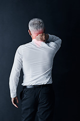 Image showing Elderly business man, neck pain and hand for muscle massage, fatigue or stress injury by dark background. Senior executive, entrepreneur or financial advisor with osteoporosis, arthritis or emergency