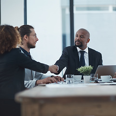 Image showing Handshake, meeting and business people or manager partnership, b2b onboarding and thank you, success or deal. Corporate woman, clients or employees shaking hands for thanks, hiring or job negotiation