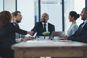 Image showing Business meeting, shaking hands people or manager partnership, lawyer agreement and thank you, success or deal. Corporate woman, clients or employees handshake for thanks, negotiation and law firm