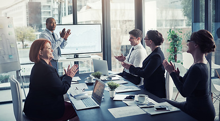 Image showing Presentation, proposal and applause in a meeting of a success report or corporate workshop in a startup company. Celebrate, manager and business team winning due to growth or development strategy