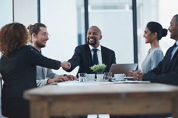 Image showing Hand shake, business meeting and people or manager partnership, lawyer agreement and thank you, success or deal. Corporate woman, clients or employees shaking hands in thanks, negotiation or law firm