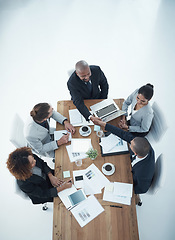 Image showing Shaking hands, documents and business people meeting, partnership and b2b in thank you, success or finance deal. Corporate man or manager handshake in financial agreement or stats collaboration above