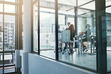 Image showing Presentation, boardroom window or business people in a meeting for financial analysis or sales report. Data analytics, manager or speaker planning a growth strategy on screen monitor in mentorship