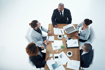 Image showing Business meeting, documents and people planning, talking and collaboration of financial report, charts or graphs. Women, men and manager for paperwork, finance data or stats above on white background