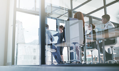 Image showing Coaching, teaching or business people in presentation for sales report or financial analysis in office. Education, leadership or manager planning in a meeting on screen monitor in mentorship training