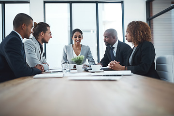 Image showing Business people, leader and staff in a meeting, collaboration or project management in a workplace. Teamwork, coworkers or innovation with brainstorming, planning or share ideas with support or goals