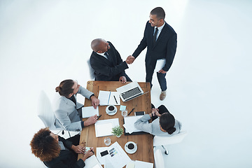 Image showing Shaking hands, welcome and business people meeting, b2b onboarding and thank you, success or financial deal. Corporate man, clients or manager handshake for finance introduction and recruitment above