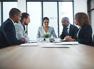 Image showing Business people, leader and team in a meeting, partnership and discussion for a deadline, project and profit growth. Staff, coworkers and mentor with planning, goals and target with ideas and talking