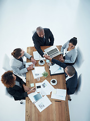 Image showing Handshake, documents and business people meeting, partnership and b2b in thank you, success or finance deal. Corporate man or manager shaking hands in financial agreement or stats collaboration above