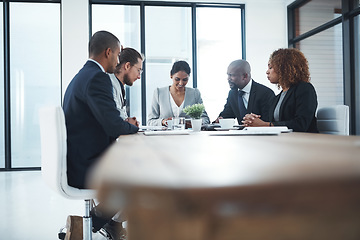 Image showing Team, manager and group in a meeting, planning or talking with new project, support or collaboration. Business people, staff or coworkers with ideas, deadline or goals with partnership or negotiation