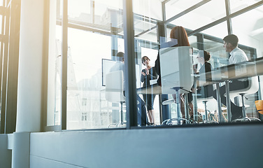 Image showing Coaching, education or business people in presentation for sales report or financial analysis in office. Teaching, leadership or manager planning in a meeting on screen monitor in mentorship training