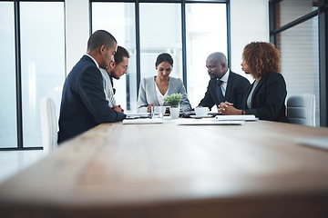 Image showing Team, group and staff in a meeting, finance and investments with support, project feedback or negotiation. Business people, collaboration or men with women, budget planning or review financial report