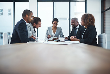 Image showing Business people, team and group in a meeting, support and workshop for financial planning, profit growth and internet. Employee, ceo and staff with collaboration, budget and investments with a tablet