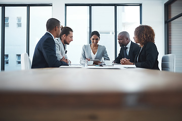Image showing Business people, staff and group in a meeting, feedback or budget report with company growth, finance or website info. Teamwork, collaboration or partnership with investments, stock market or economy