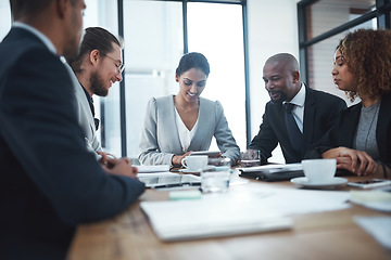 Image showing Business people, tablet and staff in a meeting, teamwork and investment with budget report, planning and finance project. Team, trading and group with online reading, stock market and negotiation