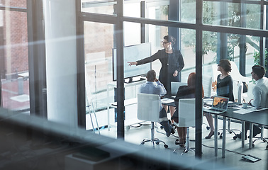 Image showing Coaching, mentorship or business people in presentation for sales report, vision or data analysis in training. Leadership, woman teaching or manager planning strategy on screen monitor in meeting