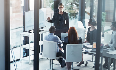 Image showing Mentor, monitor or business people in presentation for sales report, vision or data analysis in training. Leadership, woman teaching or manager planning brand strategy on screen in group meeting