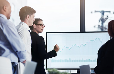 Image showing Mentor, monitor or business people in a presentation for chart report or graphs analysis in a meeting. Data analytics, woman manager or speaker planning sales growth on screen monitor in mentorship