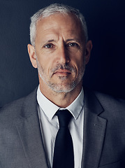 Image showing Sad, angry and portrait of business man in studio for professional, corporate or manager. Mental health, depression and senior with face of male ceo on black background for executive and frustrated