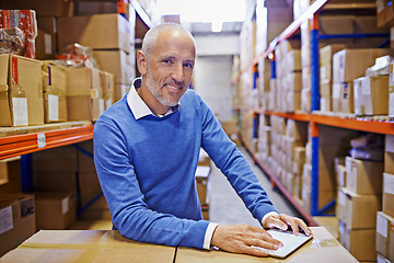 Image showing Man in portrait, tablet with factory with boxes, digital invoice and supply chain warehouse. Delivery, ecommerce and male person e-signature with distribution, shipping package with logistics