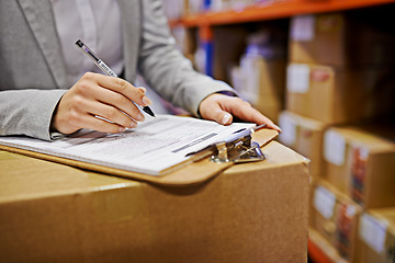 Image showing Hands, sign and clipboard with paperwork in warehouse, logistics and export with supply chain factory. Delivery, ecommerce and person sign distribution paperwork, shipping and wholesale and invoice