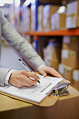 Image showing Hands, signature and clipboard with documents in warehouse, logistics and export in supply chain factory. Delivery, ecommerce and person sign distribution paperwork, shipping wholesale and invoice