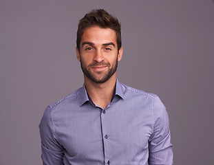 Image showing Fashion, portrait of accountant and business man in studio isolated on a gray background mockup. Face, happy and person, professional or auditor from Canada with trendy clothes, outfit and style.