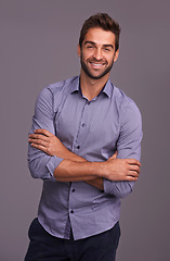 Image showing Portrait, auditor and business man with arms crossed in studio isolated on a gray background. Confident, happy and person, professional or accountant from Canada with trendy clothes, fashion or style