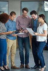 Image showing Collaboration, discussion or business people with ideas in team or group meeting for brainstorming in office. Startup, talking or developers networking or planning notes or documents in workplace