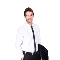 Image showing Businessman, happy and jacket with lawyer in portrait in png for transparent or isolated background in europe. Happiness, professional male and confident with working with attorney for success.
